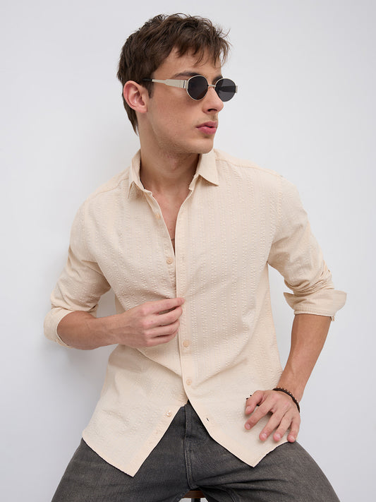 Bisque Beige Seersucker Striped Shirt