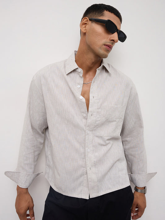 Grey Melange Textured Boxy Fit Crop Shirt