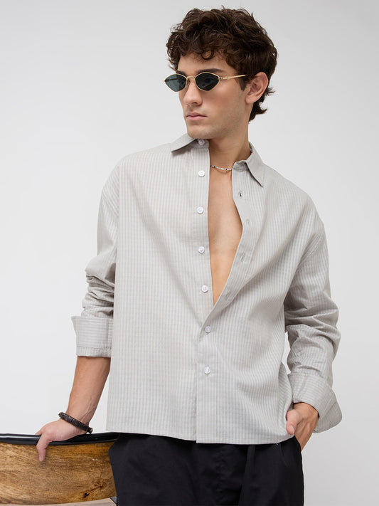 Misty Grey Fine Grid Weave Boxy Fit Crop Shirt