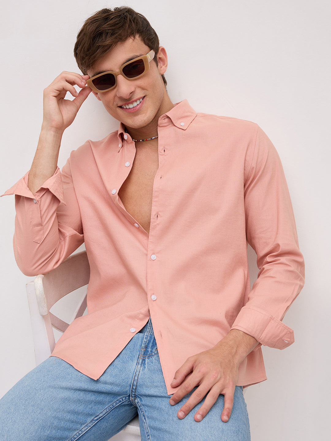 Pearl Pink Oxford Linen Blend Button-Down Collar Shirt