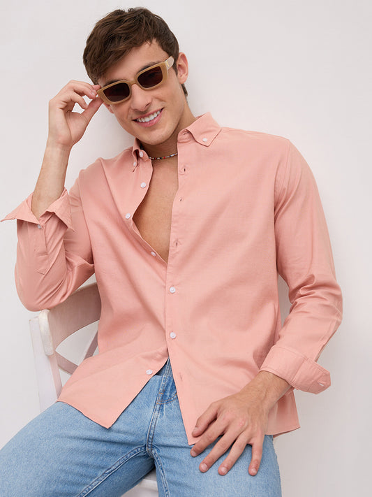 Pearl Pink Oxford Linen Blend Button-Down Collar Shirt
