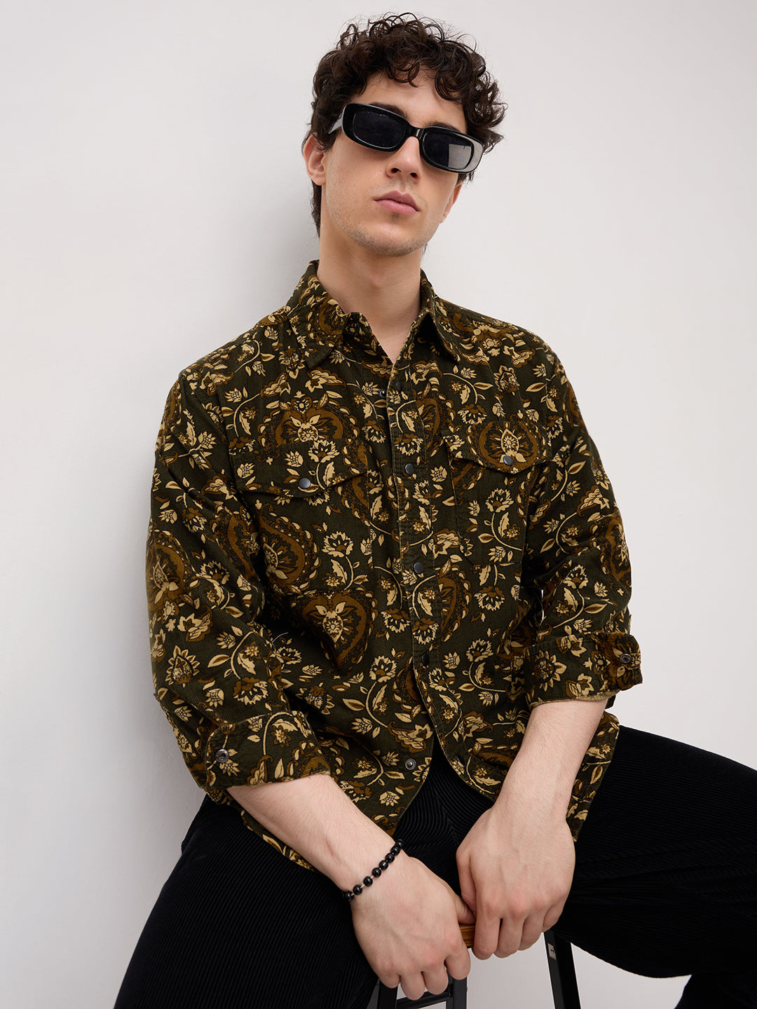 Olive Floral Paisley Printed Double Pocket Corduroy Shirt