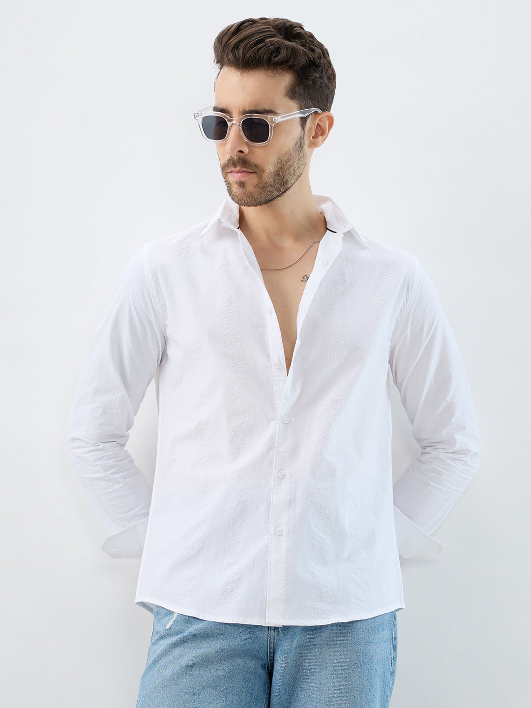 Minimalist Pure White Fine Line Seersucker Stripe Shirt