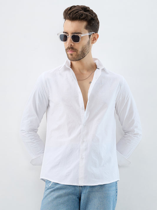 Minimalist Pure White Fine Line Seersucker Stripe Shirt