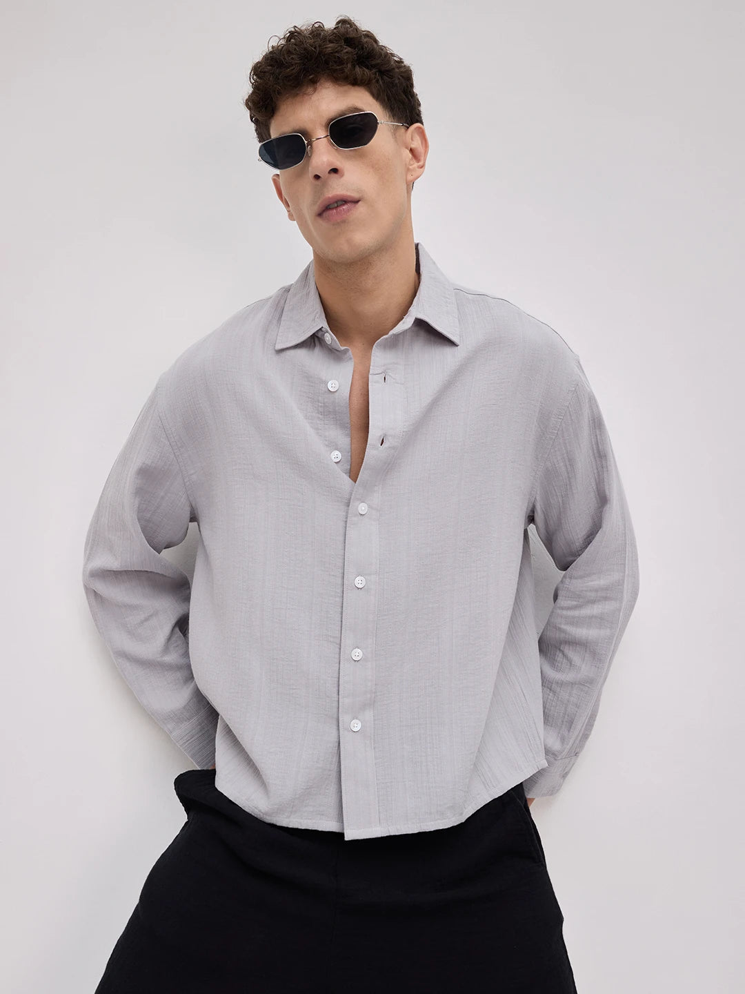 Frost Grey Double Cloth Seersucker Striped Boxy Fit Crop Shirt