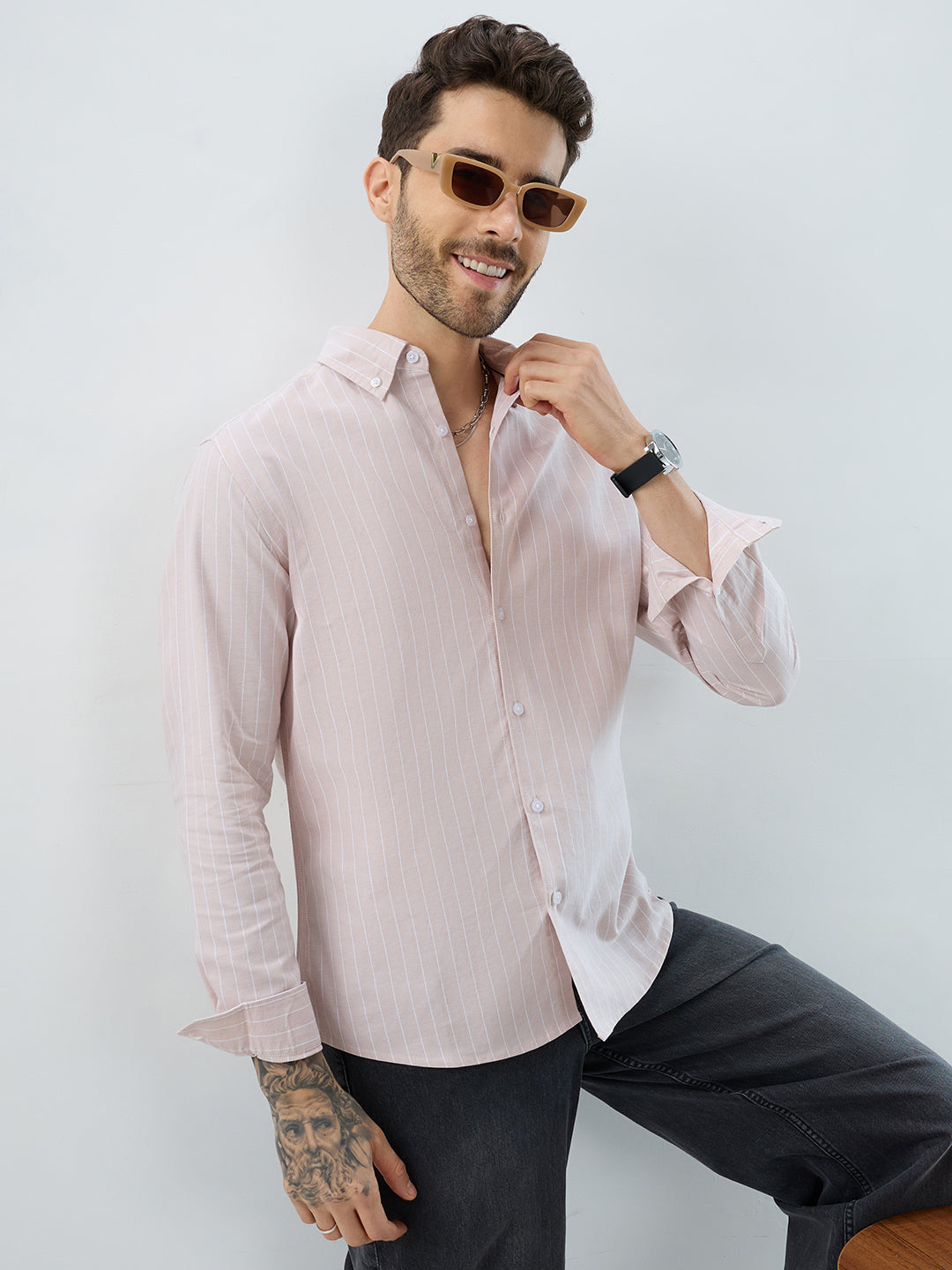 Sharp Beige Refined Pinstripe Oxford Button-Down Business Shirt