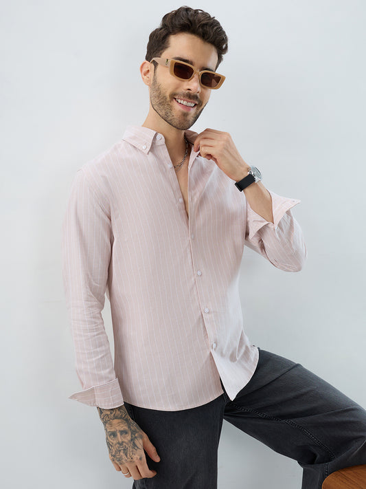 Sharp Beige Refined Pinstripe Oxford Button-Down Business Shirt