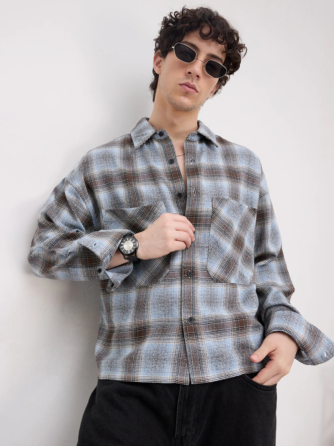 Sky Blue & Brown Flannel Plaid Checks Twin Pocket Crop Shirt