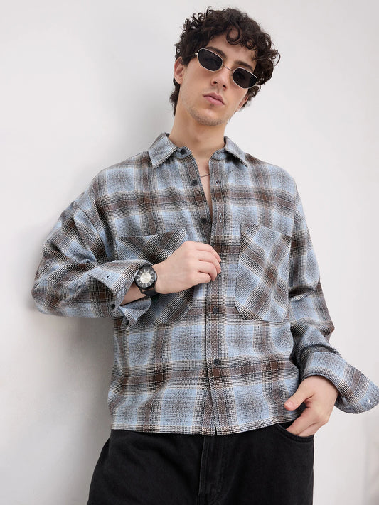 Sky Blue & Brown Flannel Plaid Checks Twin Pocket Crop Shirt