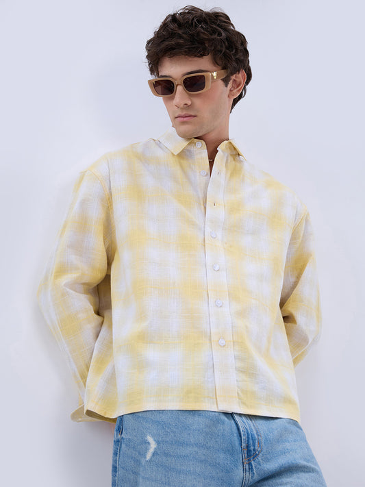 Sun Yellow Slub Grid Checks Boxy Fit Crop Shirt