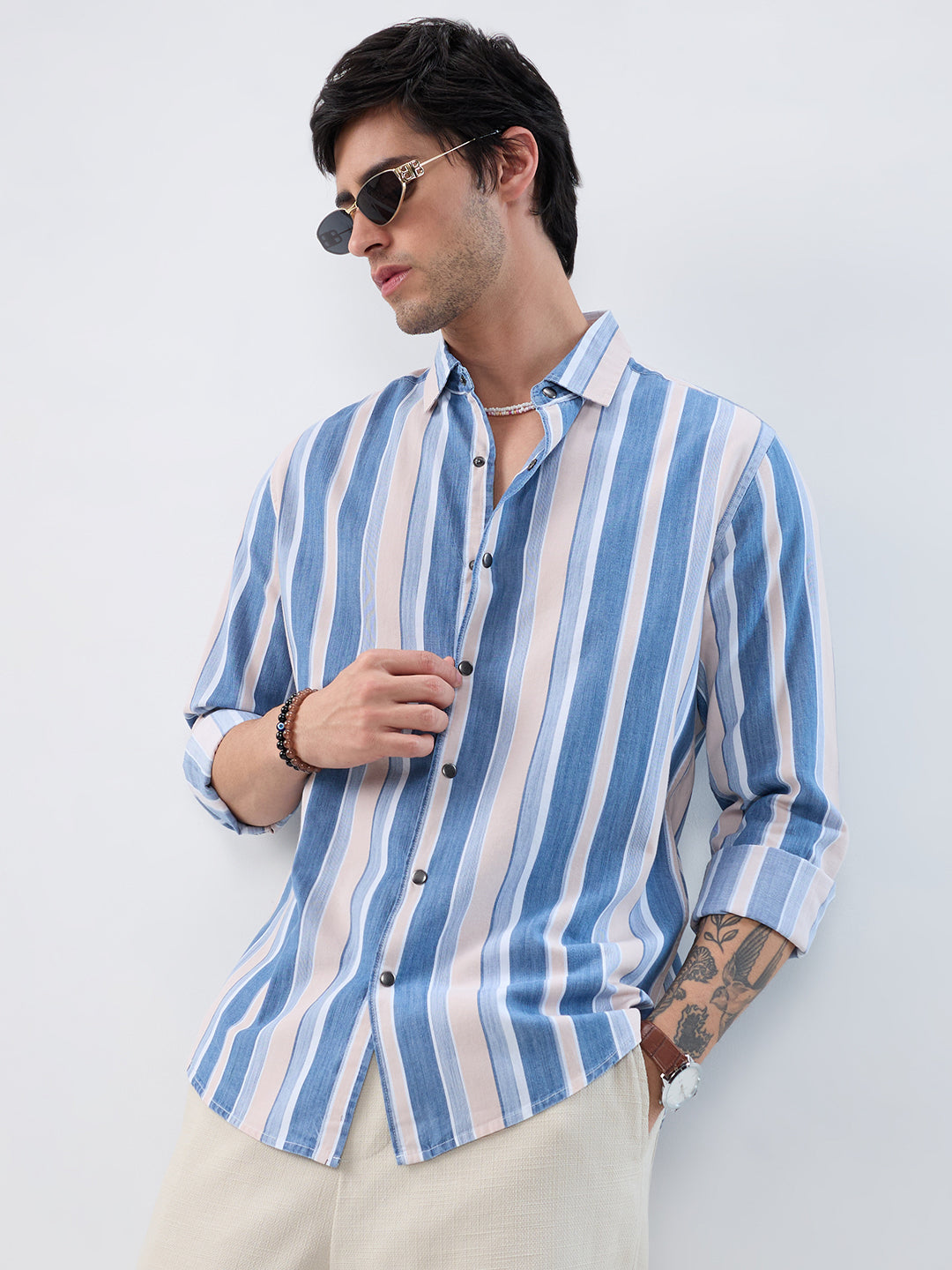 Denim Blue & Peach Broad Striped Shirt