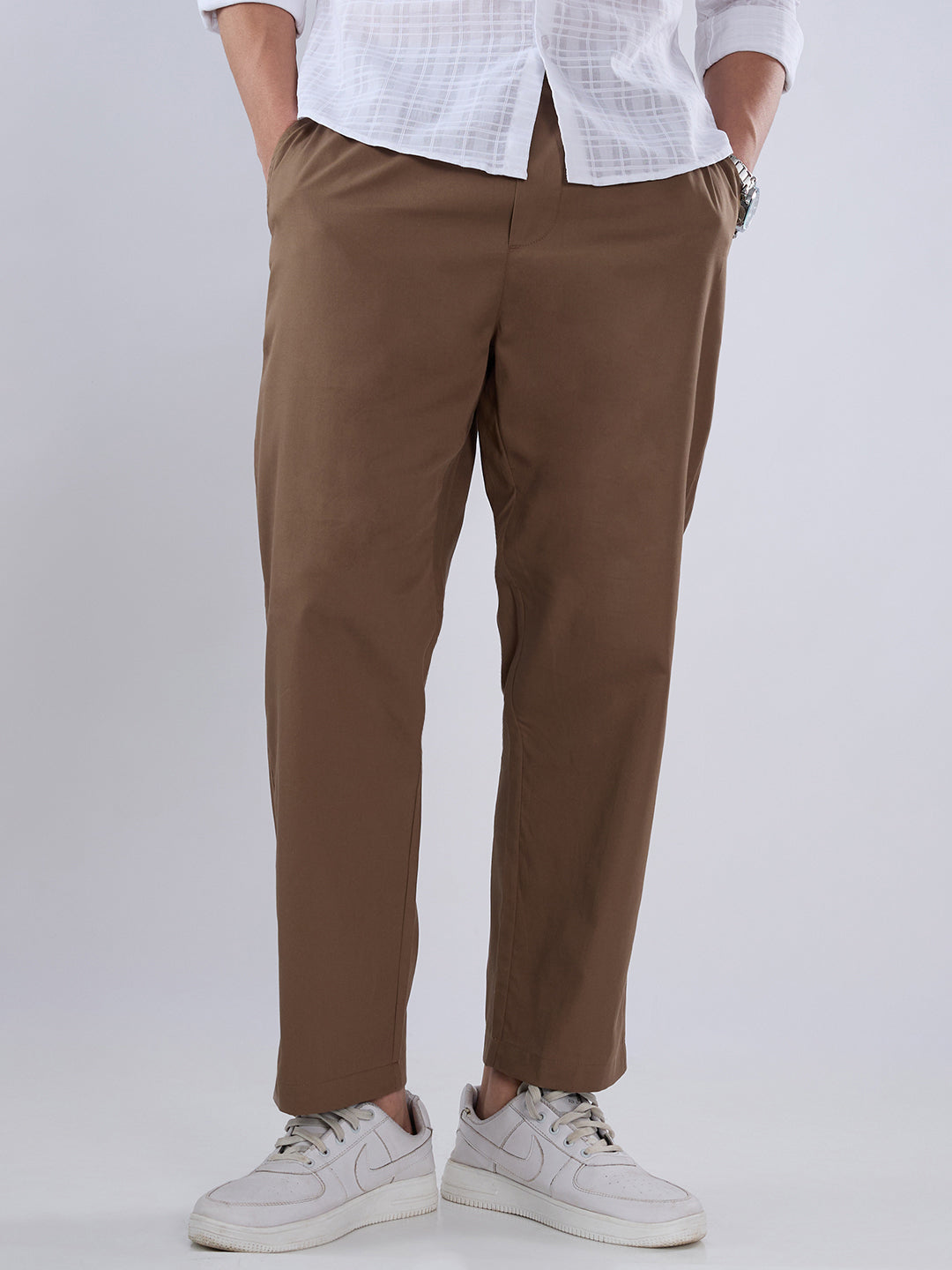 Solid Brown Tapered Trousers