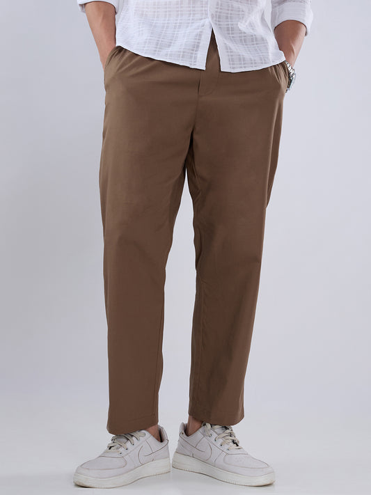 Solid Brown Tapered Trousers