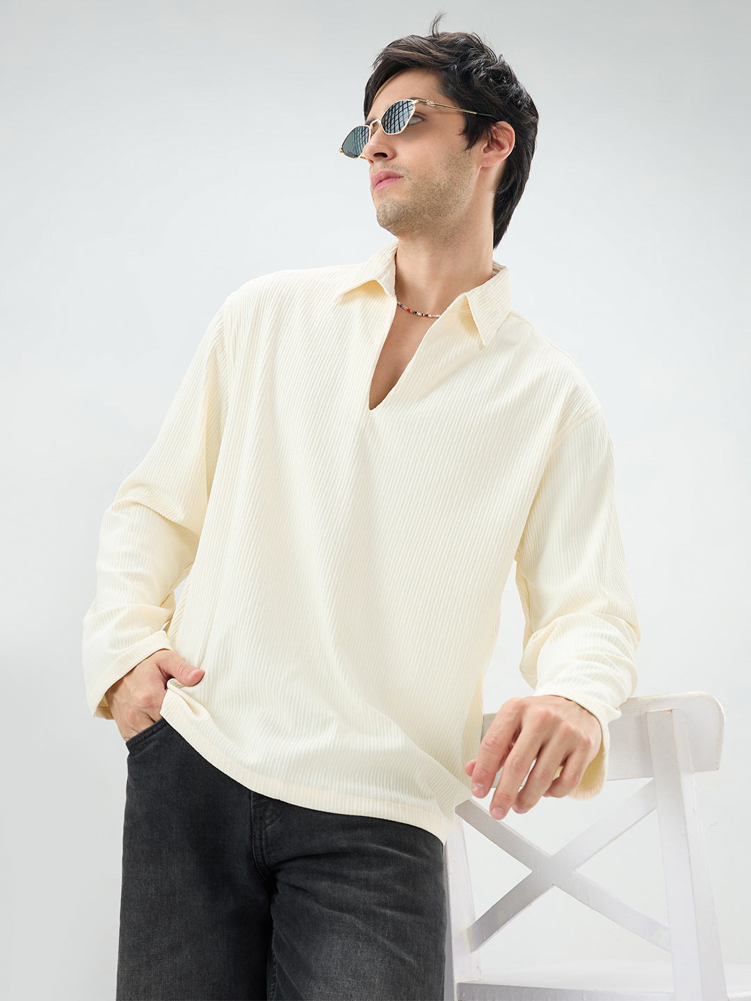 Pastel Cream Precision Rib Striped Oversized Polo Knitted Shirt