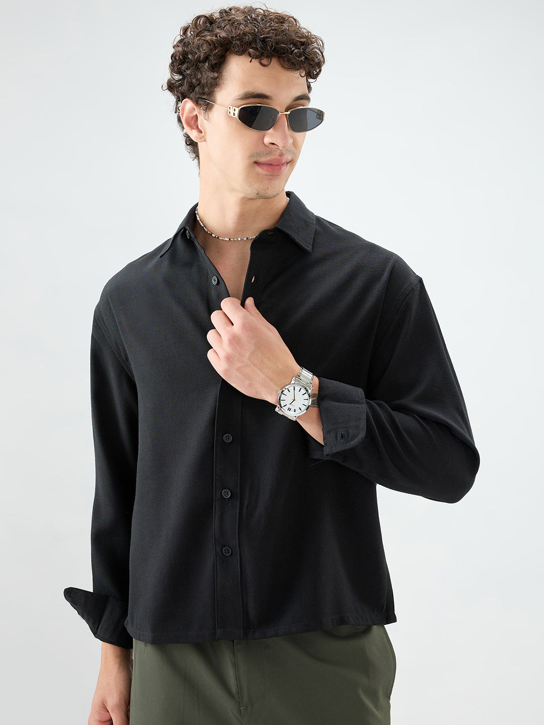 Pure Black Smooth Weave Boxy Fit Crop Shirt