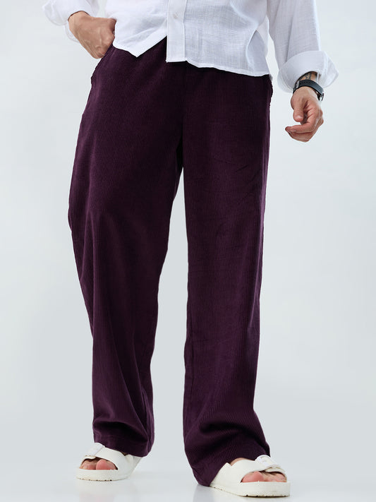 Plush Wine Corduroy Straight-Fit Trousers