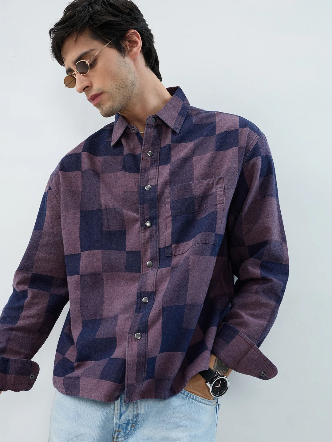 Premium Brown Acid Wash Denim Checks Boxy Fit Crop Shirt