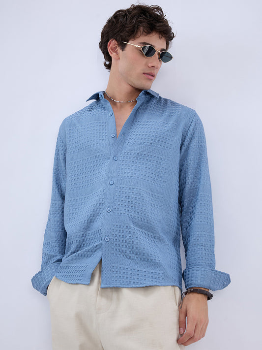 Intricate Columbia Blue Raised Motif Textured Shirt