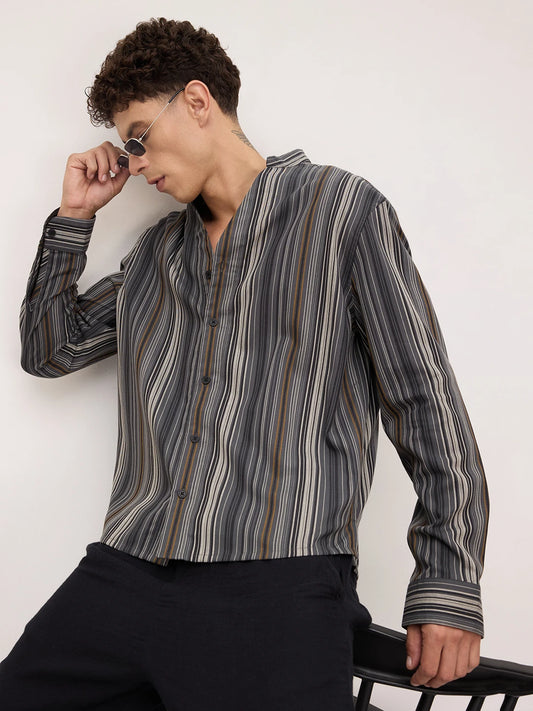 Arctic Breeze Honeycomb Grid Weave Mandarin Shirt