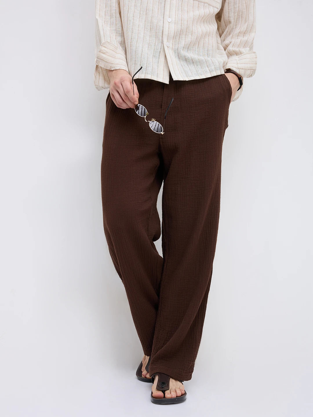 Cocoa Bean Brown Double Cloth Straight Fit Trousers