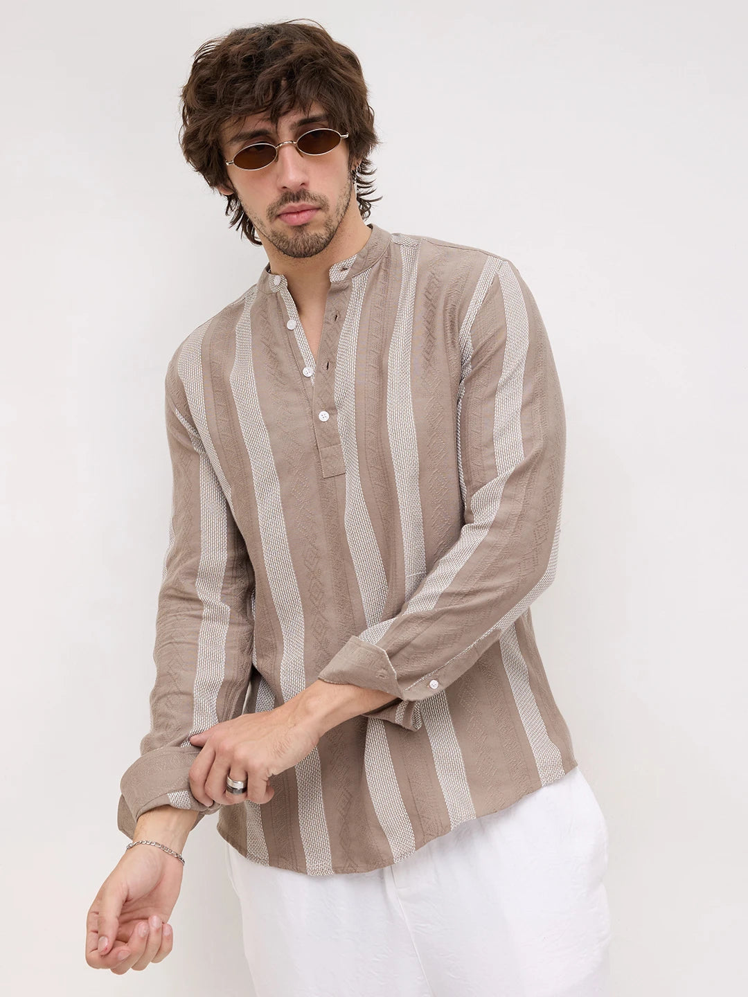 British Khaki Artisan Contrast Loom Striped Kurta