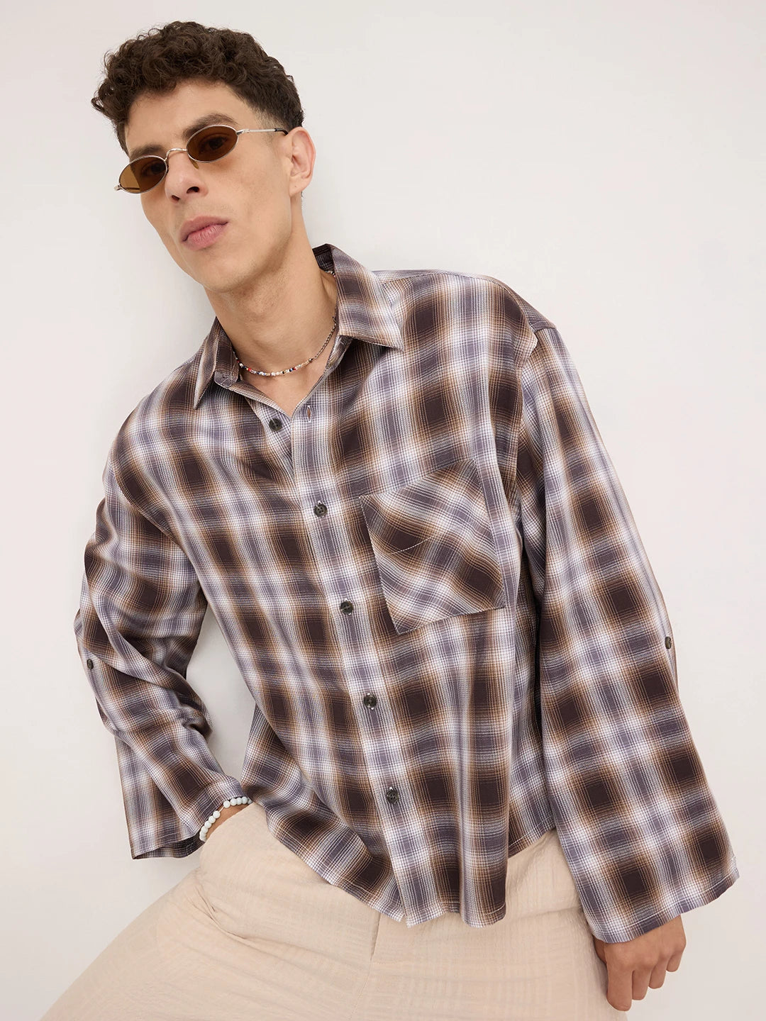 Luxe Brown Plaid Checks Cuffless Oversized Crop Shirt