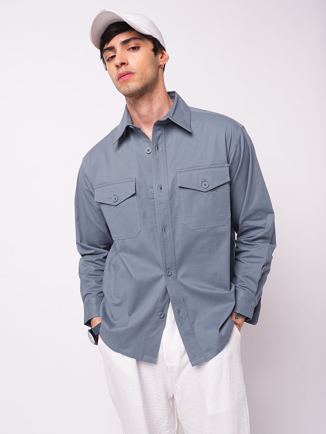 Solid Glaucous Blue Double Pocket Overshirt