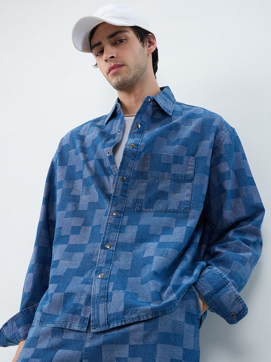 Elegant Denim Patch Block Checks Boxy Fit Crop Shirt