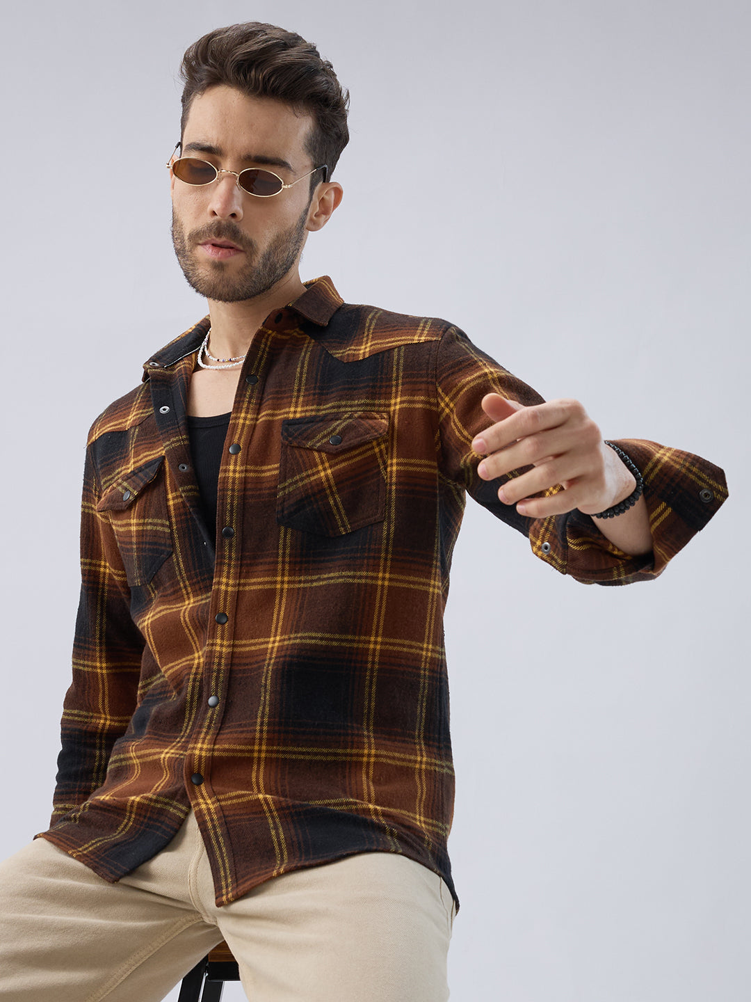 Vintage Coffee Brown & Mustard Checks Flap Pocket Flannel Shirt