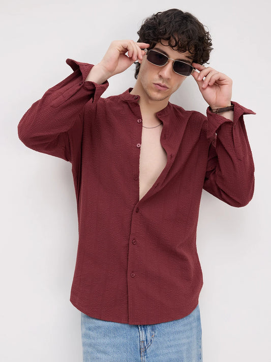 Brick Red Seersucker Striped Mandarin Shirt