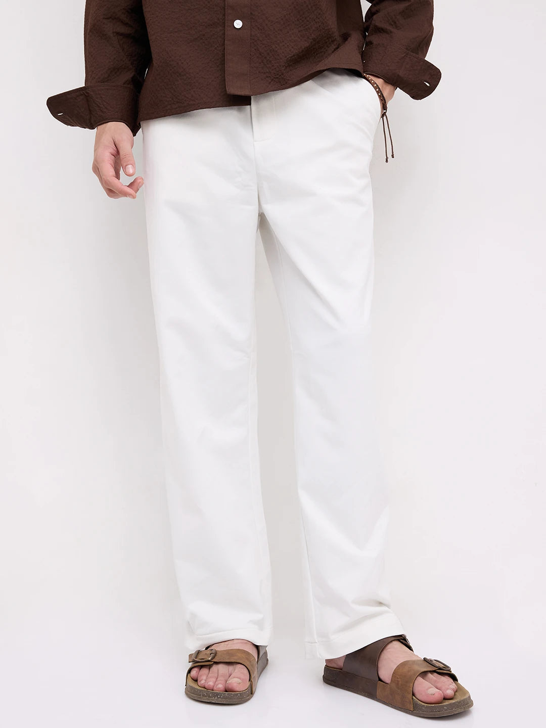 Frost White Diagonal Textured Knitted Straight Fit Trousers