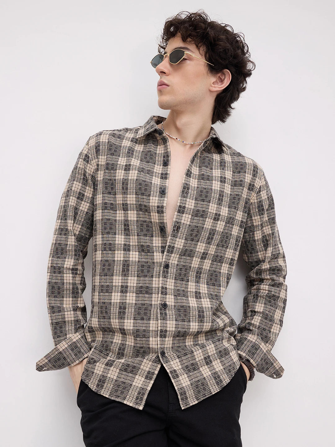 Vintage Beige Plaid Checks Shirt