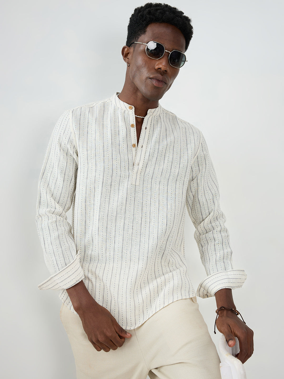 White & Grey Burlap Weaved Striped Kurta