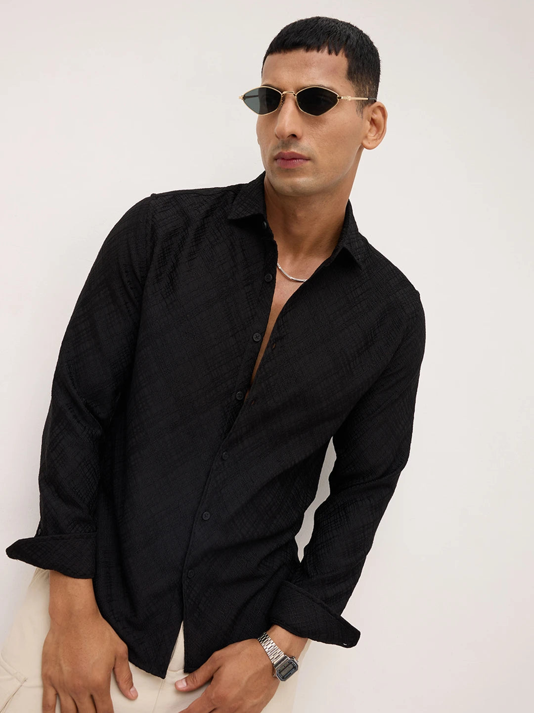 Black Diamond Lattice Weave Textured Shirt