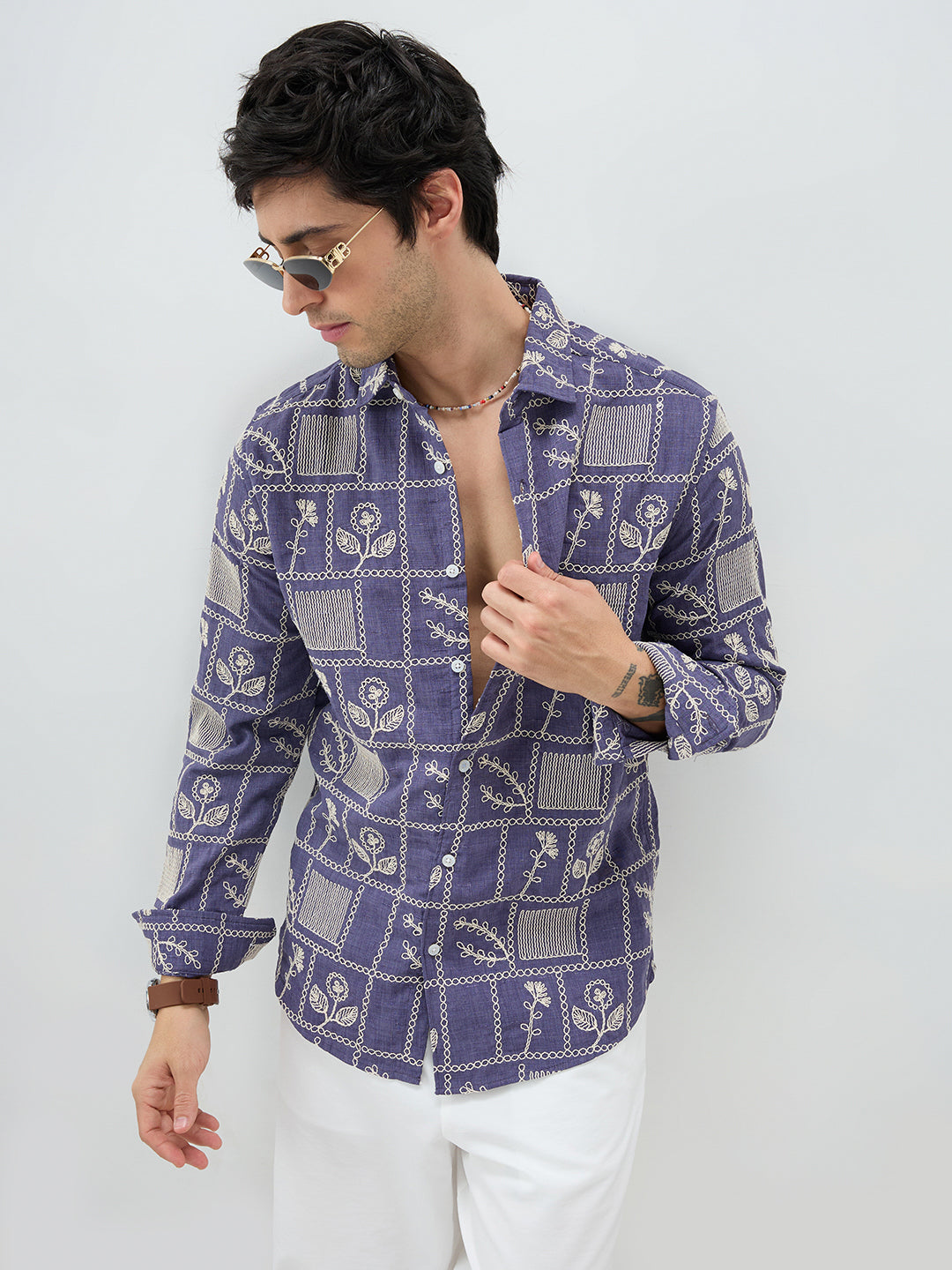 Indigo Frame Floral Contrast Embroidered Shirt