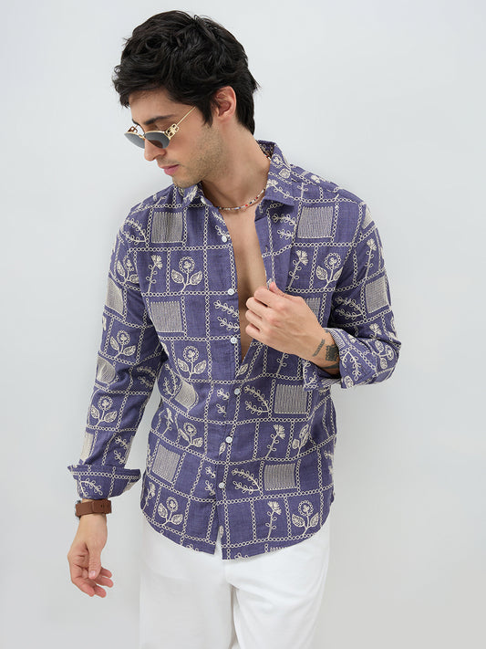 Indigo Frame Floral Contrast Embroidered Shirt