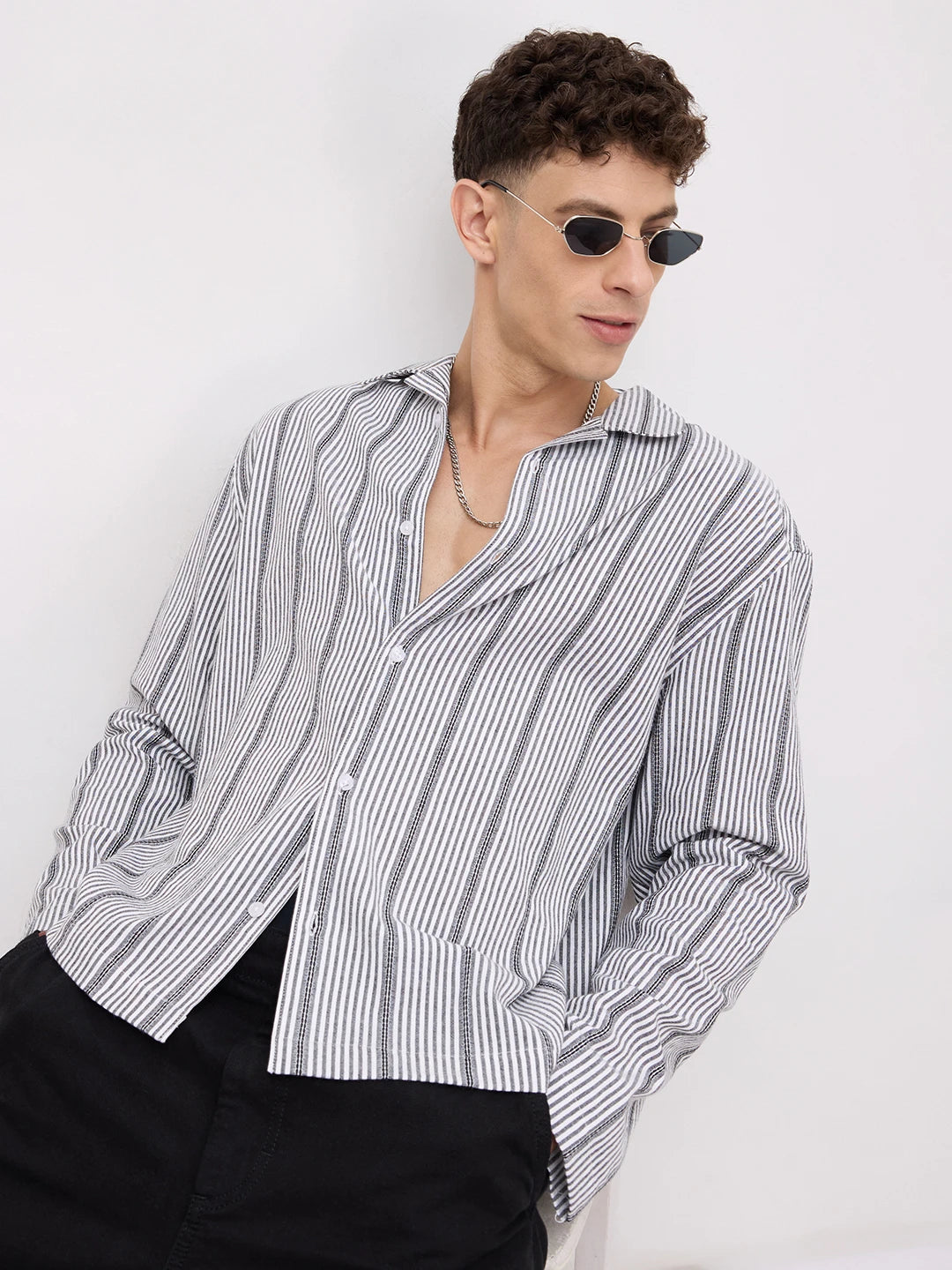 Luxe Monochrome Candy Striped Notch Collar Oversized Shirt