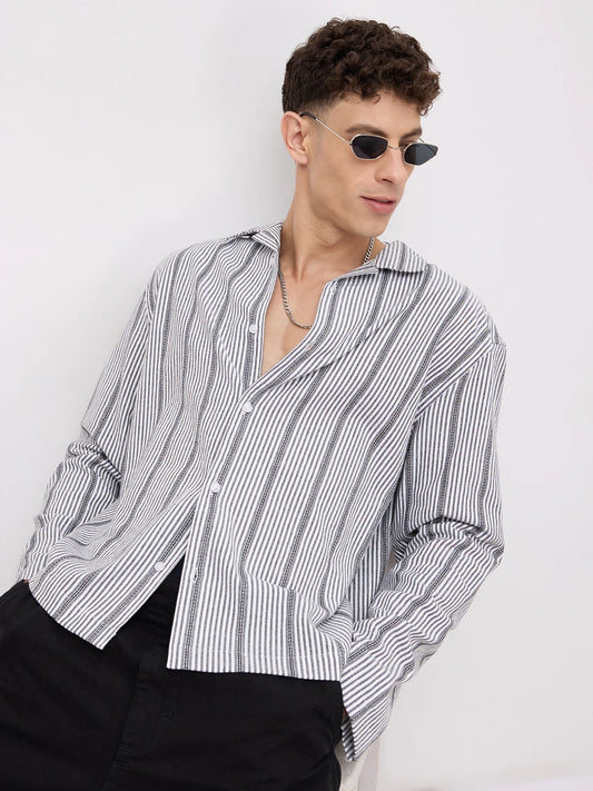 Luxe Monochrome Candy Striped Notch Collar Oversized Shirt