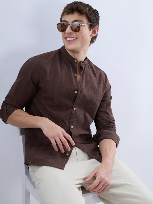 Chocolate Brown Seersucker Striped Mandarin Shirt