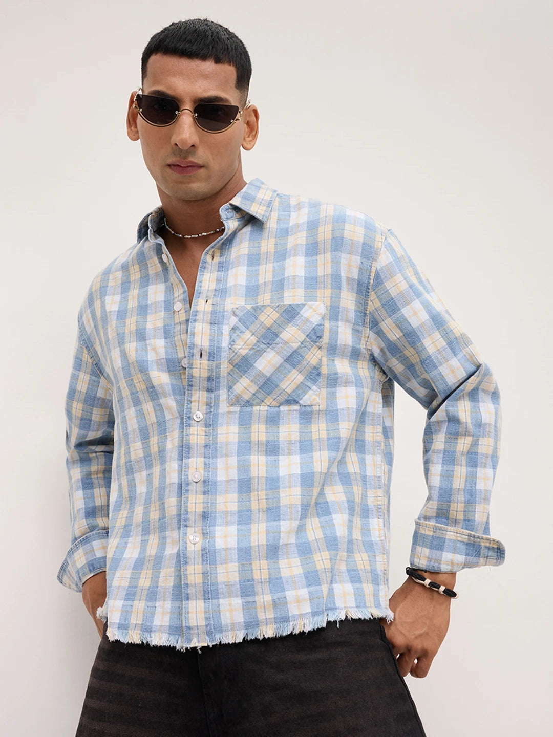 Distressed Hem Denim Vintage Explorer Checks Boxy Fit Crop Shirt