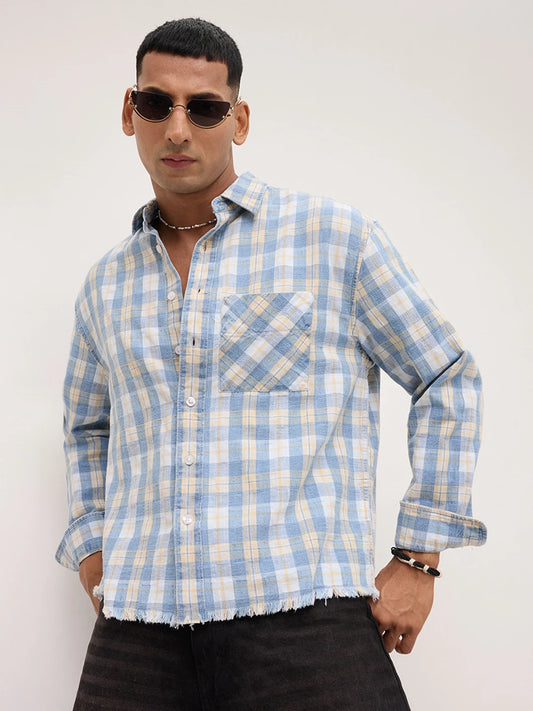 Distressed Hem Denim Vintage Explorer Checks Boxy Fit Crop Shirt