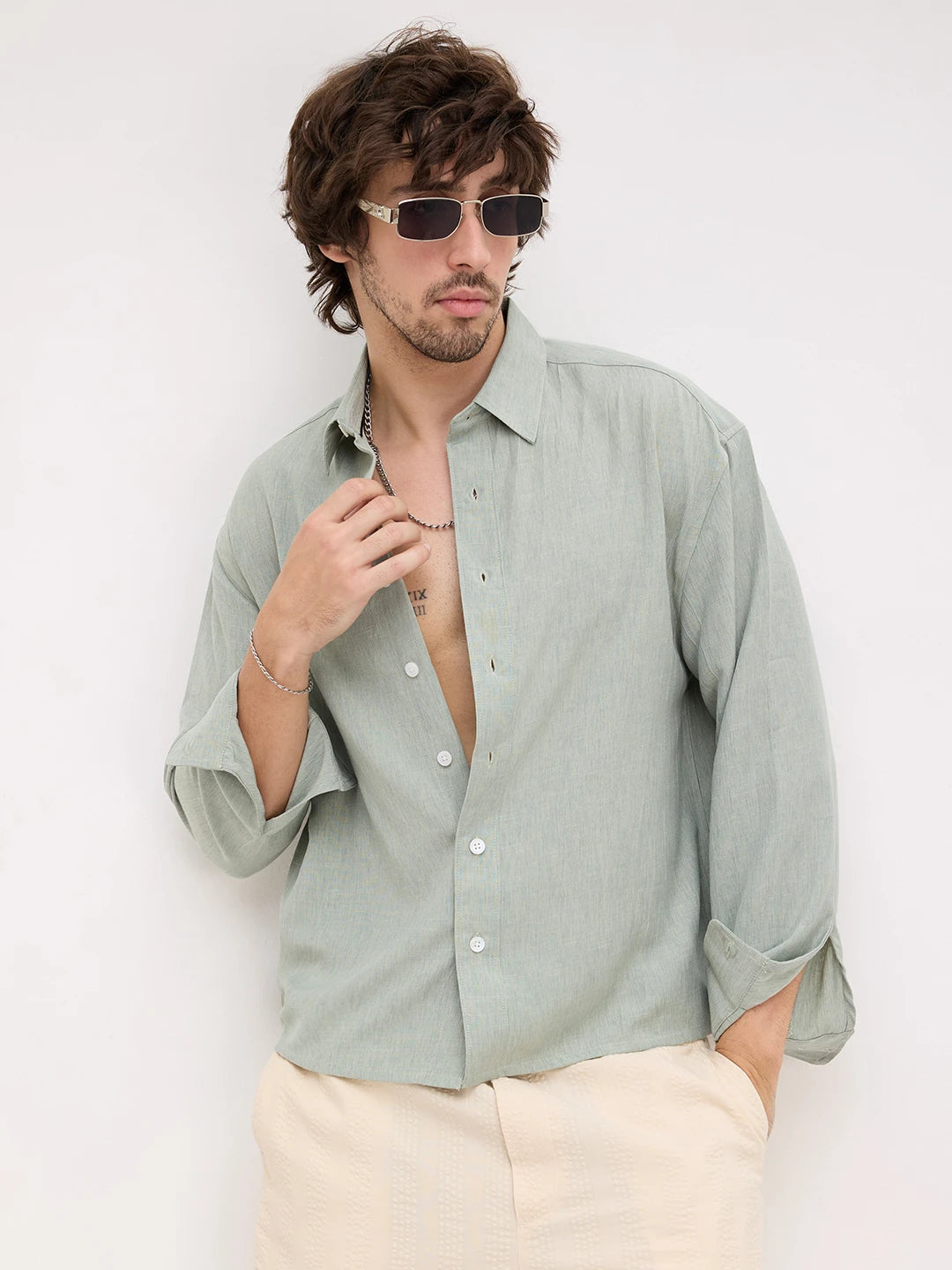 Serene Sage Green Finegrain Weave Boxy Fit Crop Shirt