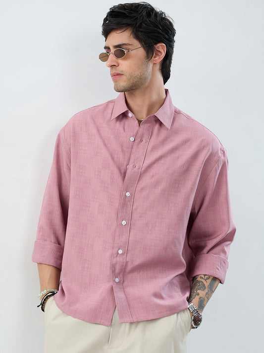 Mauve Pink Soft Grid Textured Boxy Fit Oversized Crop Shirt