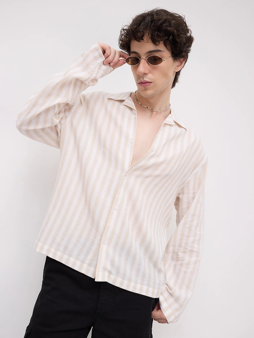 Bisque Beige Candy Striped Notch Collar Oversized Shirt