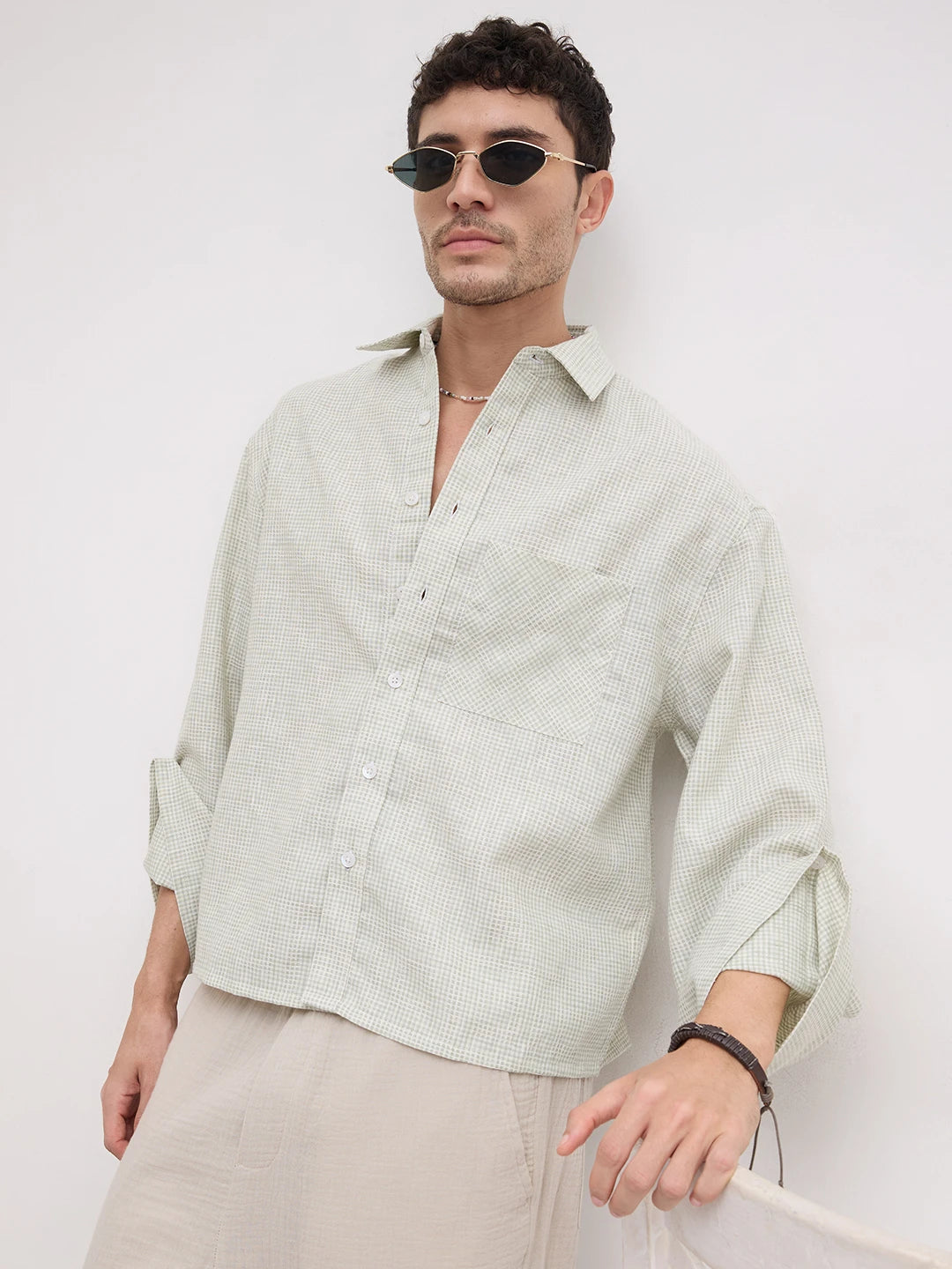 Pistachio Green Openweave Micro Checks Cuffless Oversized Crop Shirt