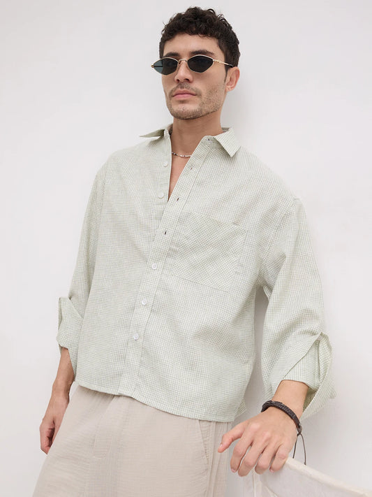 Pistachio Green Openweave Micro Checks Cuffless Oversized Crop Shirt