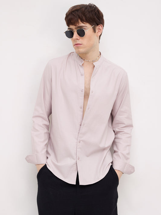 Cosmic Latte Beige Herringbone Textured Mandarin Shirt