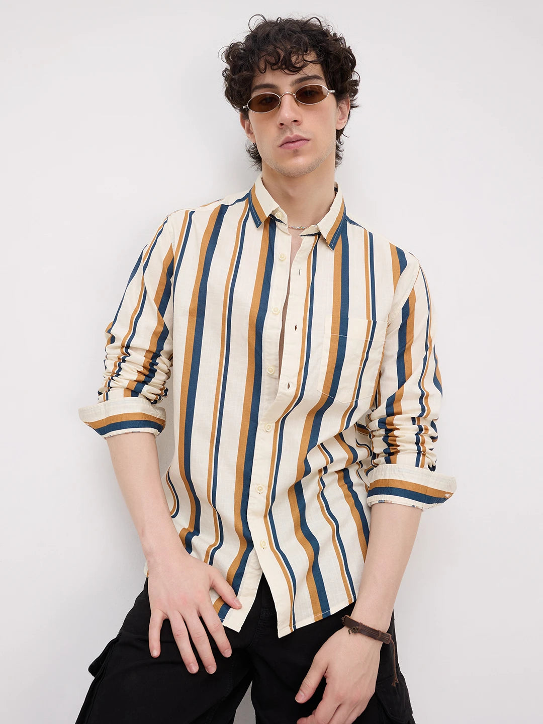 Cream & Teal Awning Stripes Shirt