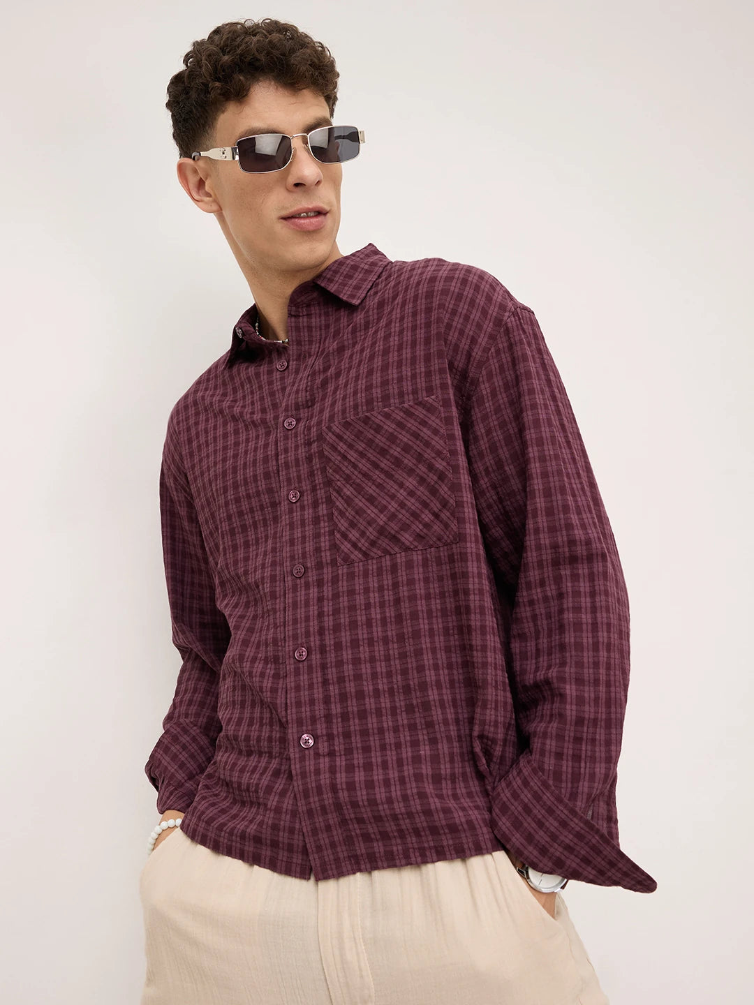 Rich Maroon Windowpane Checks Boxy Fit Crop Shirt