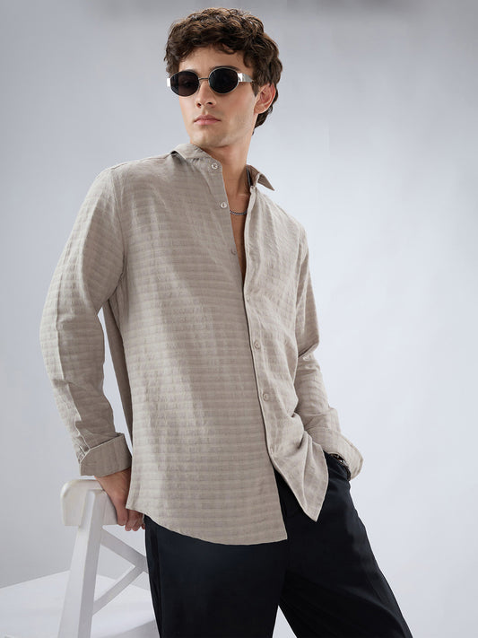 Grey Horizontal Striped Textured Shirt